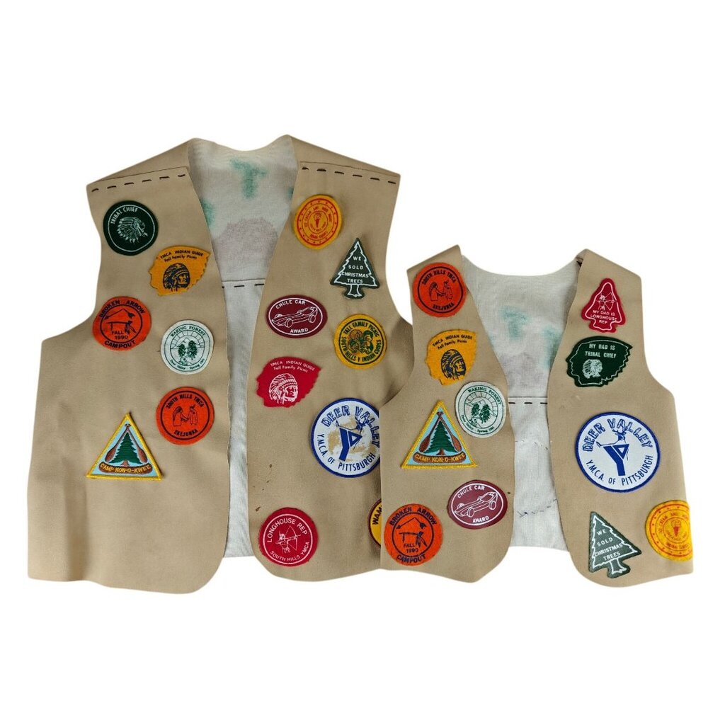 Vintage YMCA Indian Guides Vests W/ Patches Parent Child Tribal Chief Camp Beige